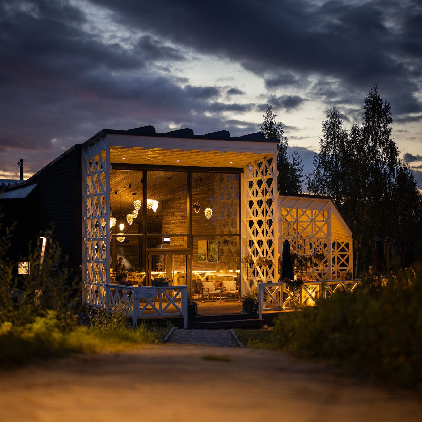 Rakas Restaurant & Bar in the autumn night. Rovaniemi, Lapland, Finland.
