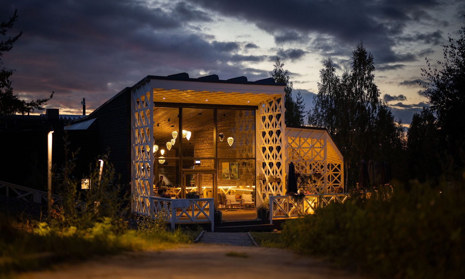 Rakas Restaurant & Bar in the autumn night. Rovaniemi, Lapland, Finland.